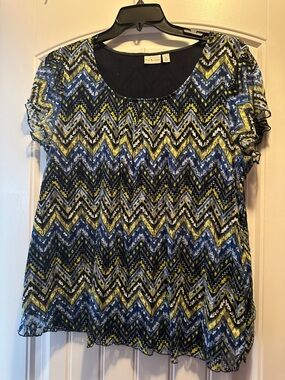 Kim Rogers Blue Chevron Lace Sleeve Blouse with Yellow Accents